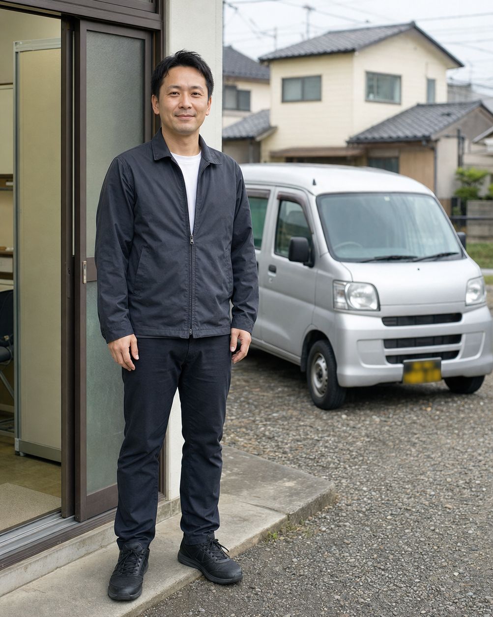 事務所の前に立つ男性（生成した仮画像）
