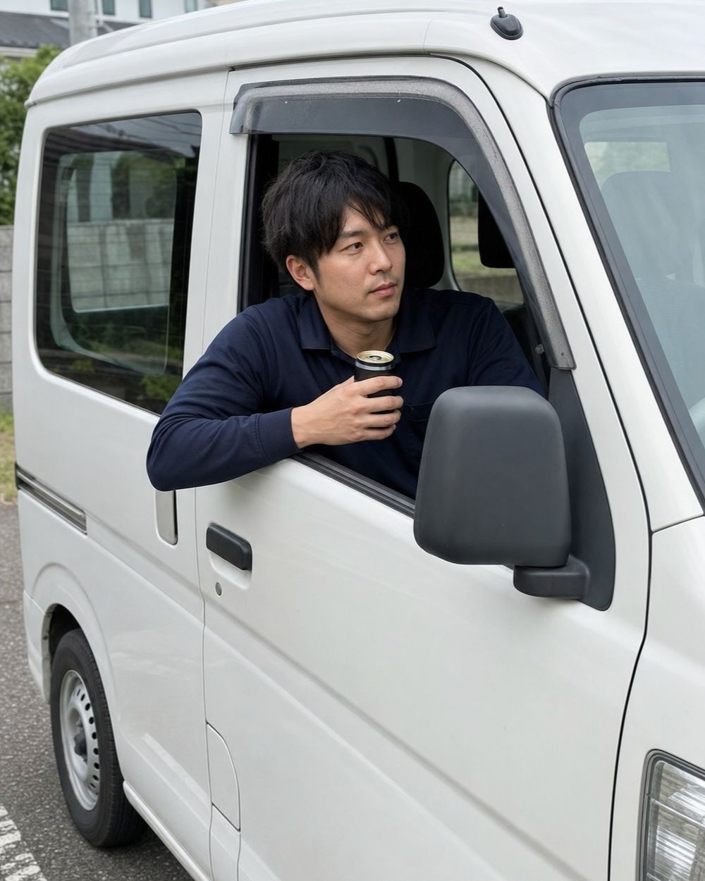 運転席で休憩する男性（生成した仮画像）