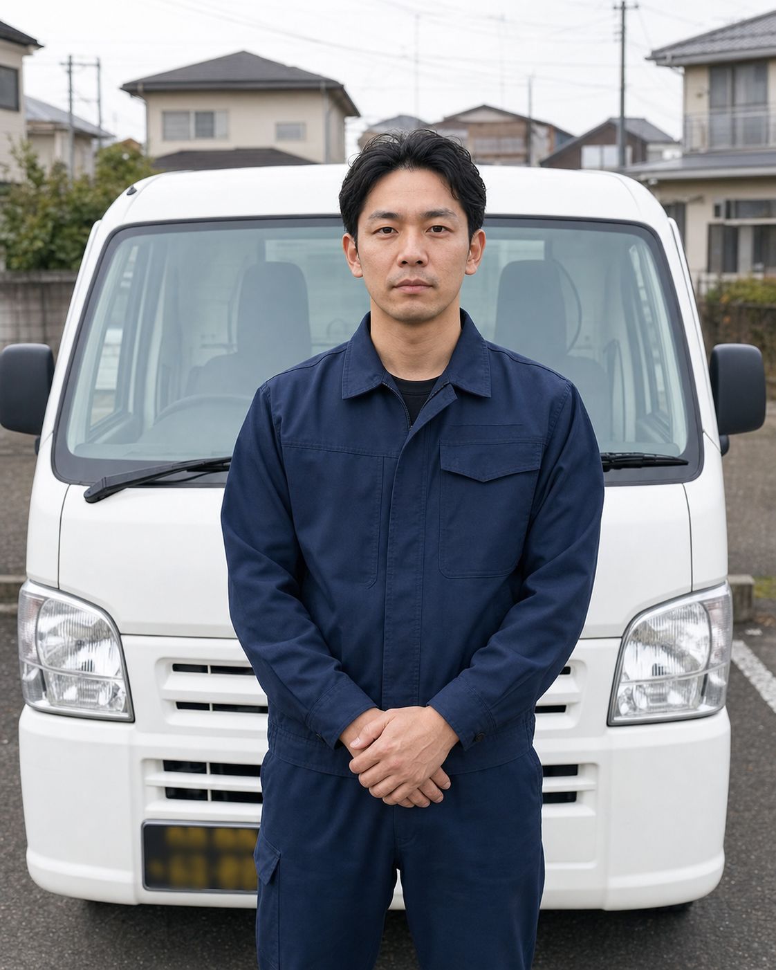 軽バンの前に立つ男性（生成した仮画像）
